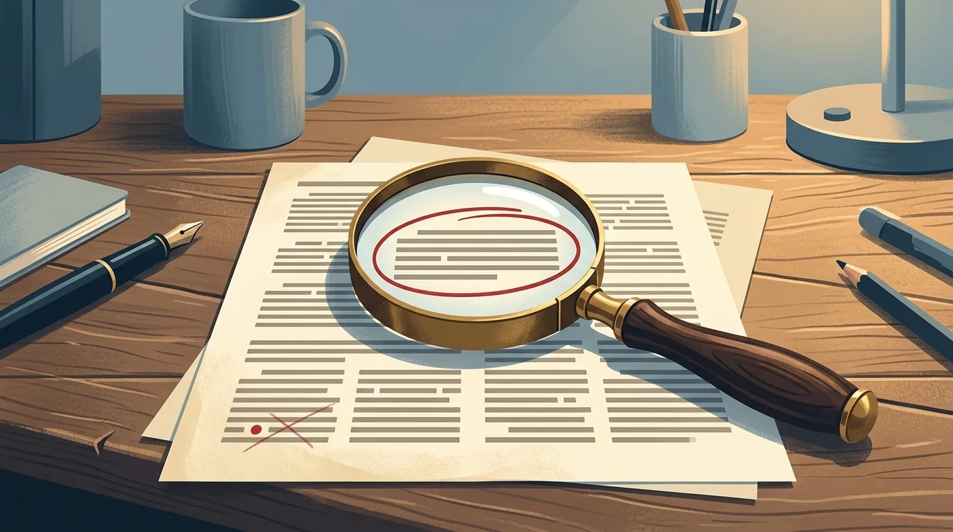 Illustration of a desk with a printed page under a magnifying glass, one paragraph circled in red ink while a second, smaller mark lower on the page sits unnoticed outside the lens.