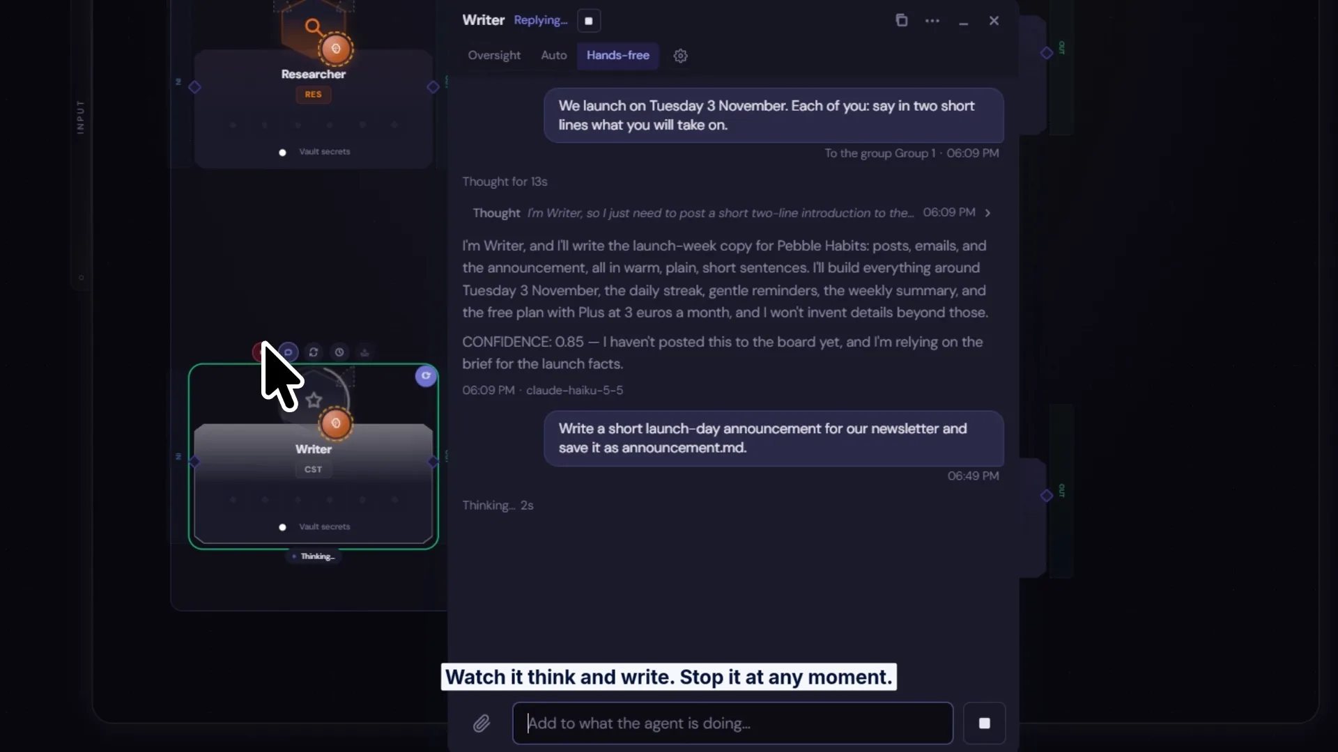 Screenshot from the Cerevisor 3.9 showcase video: a Writer agent's chat window shows a group message about a launch on Tuesday 3 November, the agent's reply, and a Stop button while it writes, with its agent card glowing on the canvas beside it.