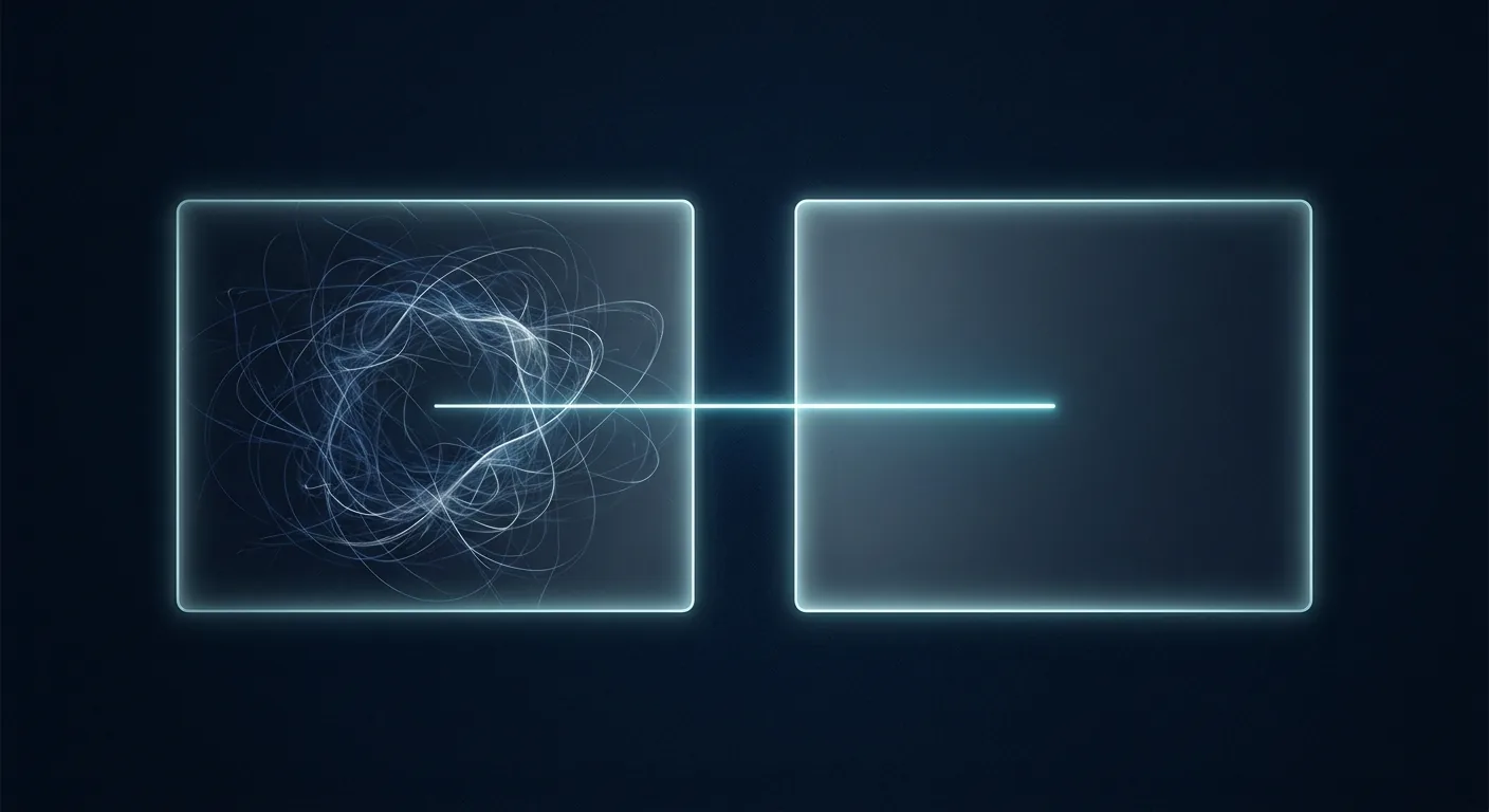 Illustration of two connected glowing panels on a dark background, a cloudy swirl of faint lines inside the first panel and a single clean line of light travelling from it to the second.