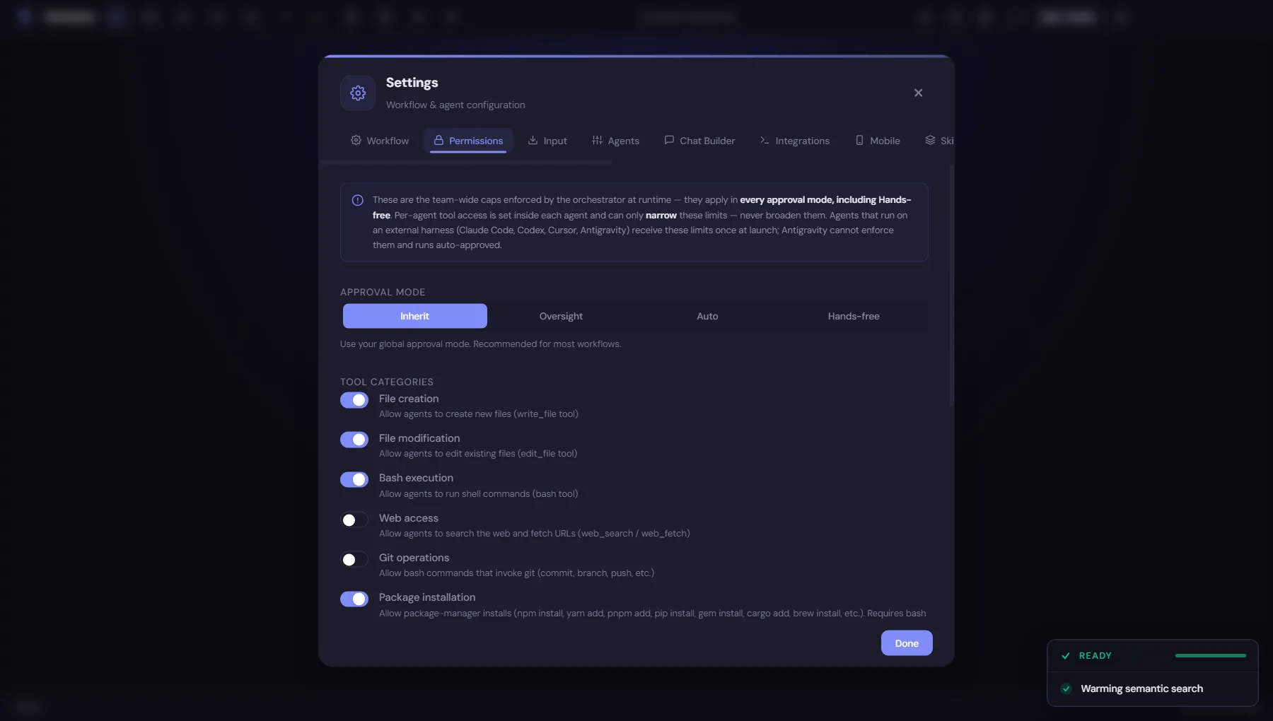 The Permissions panel with switches for what agents may do: create files, edit files, run commands, use the web, use git.