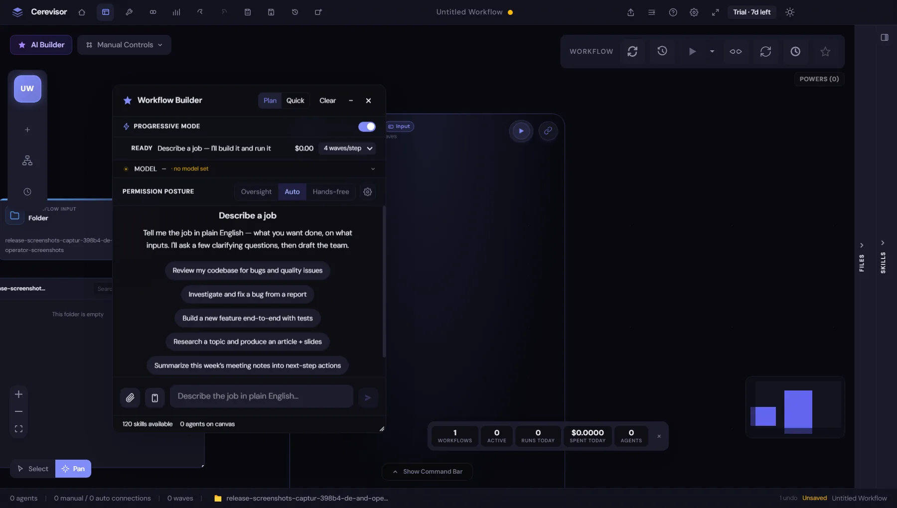 The Workflow Builder chat panel with the Progressive Mode switch turned on, showing the ready strip that reads "Describe a job and I'll build it and run it" with the running cost and a waves-per-step control.