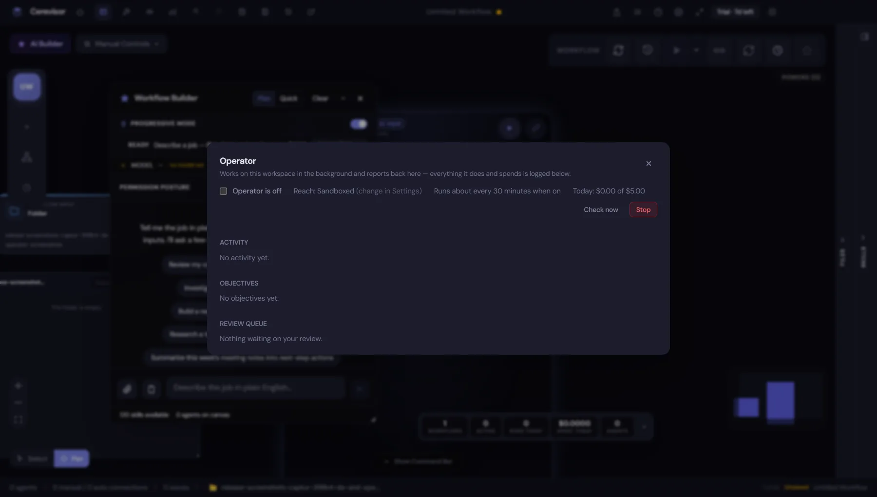 The Operator panel: an on/off switch reading "Operator is off", Reach set to Sandboxed, a cadence of about every 30 minutes, today's spend of $0.00 of $5.00, and sections for Activity, Objectives, and the Review Queue.